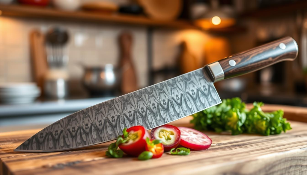 A beautifully crafted Sakai Takayuki 33-Layer Damascus Gyuto knife, showcasing its intricate layered blade with a glossy finish, positioned on a rustic wooden cutting board. The knife features a traditional riveted wooden handle, exuding elegance and professionalism. In the foreground, fresh vegetables are artistically arranged, highlighting the knife’s precision cutting capabilities. The background captures a softly blurred kitchen scene with warm, inviting lighting, suggesting a chef's workspace. An overhead angle emphasizes the knife’s sleek design and the vibrant colors of the vegetables. The atmosphere is serene and focused, evoking a sense of culinary mastery and artistry.