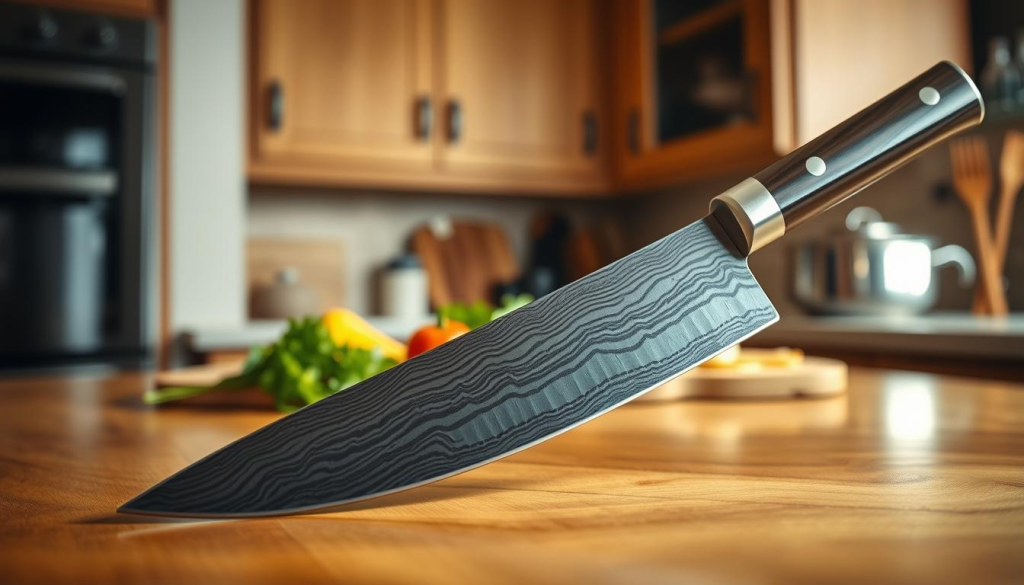 A beautifully crafted Sakai Takayuki 33 Layer Damascus knife, prominently displayed in the foreground on a polished wooden kitchen countertop. The knife features intricate, wavy patterns on the blade, showcasing its exceptional craftsmanship and high-carbon steel core. A sharp, gleaming edge reflects the soft ambient light coming from a nearby window, highlighting the details of the blade and handle. In the middle ground, there are carefully arranged ingredients for slicing, such as fresh herbs and colorful vegetables, emphasizing the practicality of the knife. The background fades softly to a warm kitchen setting, with subtle wooden cabinetry and soft-focus cookware, creating an inviting and artisanal atmosphere that celebrates precision and quality in culinary tools. The overall mood is elegant and professional, ideal for showcasing the artistry of this unique kitchen knife.