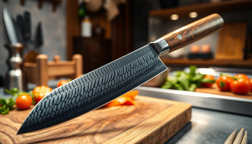 A beautifully crafted Sakai Takayuki 33-layer chef knife prominently featured in the foreground, showcasing its elegant curved blade, intricate Damascus pattern, and polished wooden handle. The knife should be positioned on a rustic wooden cutting board, partially surrounded by fresh ingredients like vibrant vegetables and aromatic herbs, hinting at its culinary purpose. The middle ground includes soft-focus kitchen elements, such as a traditional Japanese knife stand and a gentle splash of light reflecting off a nearby stainless steel surface. The background consists of a softly lit kitchen atmosphere, with warm ambient lighting that creates a cozy, inviting mood. The angle should emphasize both the knife's craftsmanship and the culinary setting, evoking a sense of art and functionality.