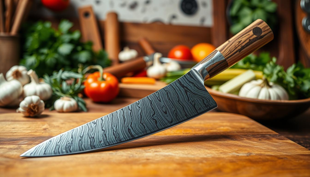 A beautifully crafted Sakai Takayuki 33-layer chef knife, showcasing its signature Damascus steel pattern and ergonomic wooden handle, lies elegantly on a wooden cutting board. In the foreground, the knife glistens under soft, diffused lighting that highlights the intricate blade details and the smooth finish of the handle. The middle background features a rustic kitchen countertop adorned with fresh ingredients like herbs, garlic, and a colorful array of vegetables, hinting at culinary creativity. The atmosphere exudes warmth and professionalism, inviting the viewer to associate the knife with skillful home cooking. The image is captured at a slightly elevated angle, allowing for a comprehensive view of the knife and its surrounding ingredients, while maintaining a clean, distraction-free backdrop.