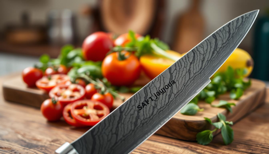 A beautifully crafted Sakai Takayuki 45 Layer Damascus Gyuto knife is showcased prominently in the foreground, its sleek blade glistening under soft, diffused natural light that enhances the intricate patterns of the Damascus steel. The knife's elegant handle, made of rich hardwood, features deep, smooth curves, reflecting exquisite craftsmanship. In the middle ground, a set of fresh, vibrant vegetables, such as tomatoes and herbs, are artfully arranged on a rustic wooden cutting board, hinting at the knife's culinary purpose. In the background, a softly blurred kitchen setting with warm, inviting tones adds to the homely atmosphere. The angle is slightly above eye level, focusing on the knife and vegetables, evoking a sense of professionalism and passion for cooking. The overall mood is one of elegance and culinary expertise.