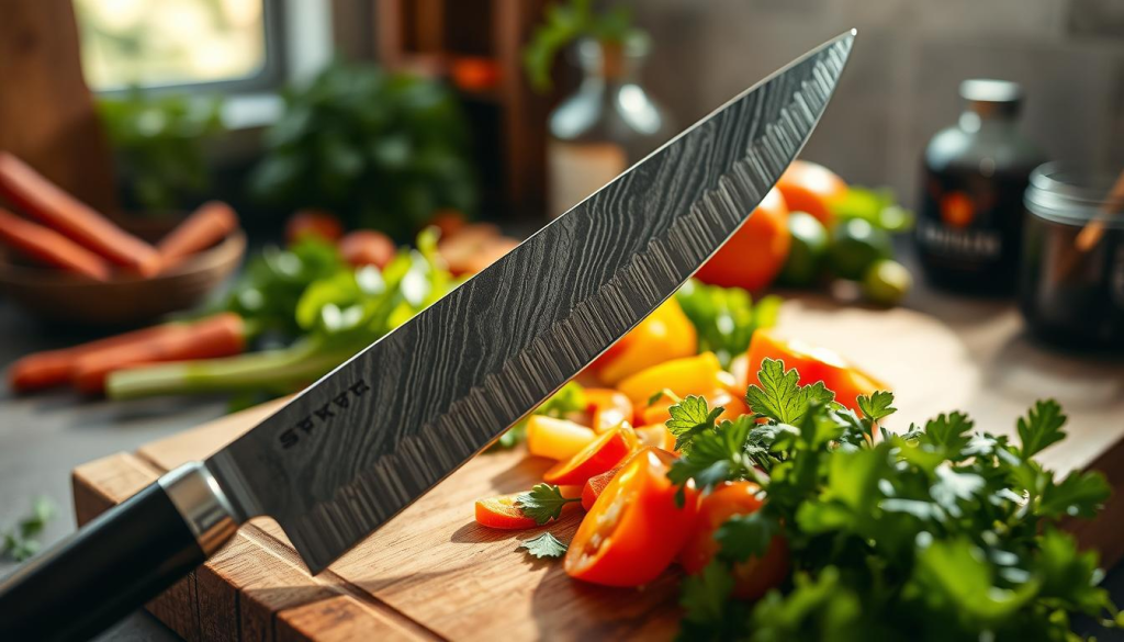 A beautifully crafted Sakai Takayuki 45-Layer Damascus Nakiri Knife is positioned prominently in the foreground, its gleaming blade reflecting soft, natural light. The knife is carefully slicing through vibrant, fresh vegetables including carrots, bell peppers, and leafy greens, showcasing the precision and versatility of the Nakiri design. The middle ground features a rustic wooden cutting board, enhancing the artisanal feel of the scene. In the background, a softly blurred kitchen setting with herbs and condiments adds warmth and authenticity to the arrangement. The atmosphere is inviting and serene, with diffused sunlight creating a gentle glow, capturing the essence of culinary craftsmanship. Focused at a 45-degree angle, the shot emphasizes the sharpness of the knife and the fresh ingredients, suggesting a harmonious connection between the tool and the art of cooking.