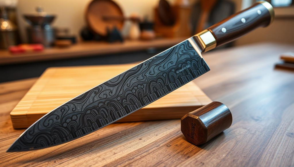 A beautifully crafted Sakai Takayuki 45 Layer Knife displayed prominently in the foreground, showcasing its intricate 45-layer Damascus steel blade with a stunning pattern reminiscent of flowing water. The handle, made from premium wood, features brass accents and a traditional octagonal shape, reflecting exceptional craftsmanship. The middle ground contains a bamboo cutting board, slightly worn, emphasizing the knife's utilitarian nature. The background features a softly blurred kitchen environment, with warm, diffused lighting highlighting the knife's polished edges and elegant curves. Capture the scene from a low angle to emphasize the knife's stature, creating an atmosphere of admiration and respect for this culinary masterpiece. The mood is inviting and sophisticated, perfect for a serene culinary experience.