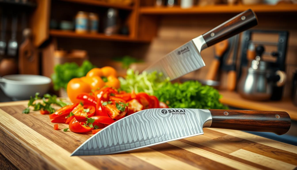 A beautifully crafted Sakai Takayuki 45 Layer Knife displayed prominently in the foreground on a polished wooden cutting board. The knife features an intricate layered steel blade, showcasing the stunning patterns typical of traditional Japanese craftsmanship. Its ergonomic handle, made of dark wood with a glossy finish, reflects soft overhead lighting, highlighting its sharp edge and exquisite details. In the middle ground, a finely chopped array of fresh vegetables, like vibrant red bell peppers and crisp green herbs, create a colorful contrast and further emphasize the knife’s cutting power. The background is softly blurred, featuring a warm kitchen ambiance with wooden shelving and subtle hints of culinary tools, evoking a sense of craftsmanship and tradition. The overall mood is inviting, focused, and professional, perfect for showcasing the elegance and functionality of the knife.