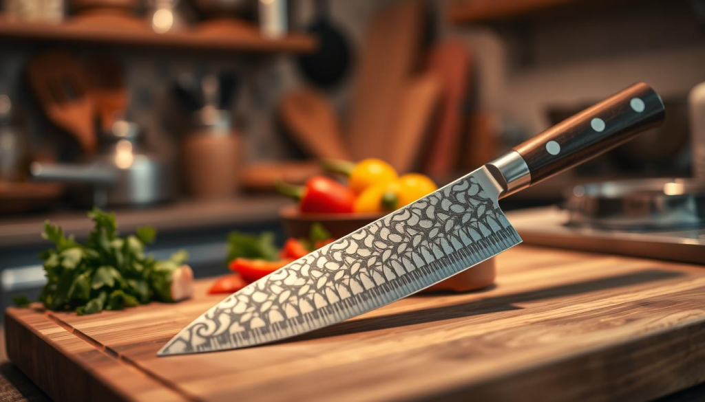 A beautifully crafted Sakai Takayuki 45 Layer Knife prominently displayed in the foreground, showcasing its intricate pattern and polished finish. The knife should be lying on a natural wooden cutting board, emphasizing the craftsmanship. In the middle ground, include a few fresh ingredients such as vibrant vegetables and herbs to illustrate its culinary purpose. The background features a softly blurred kitchen setting, with warm, ambient lighting to create a cozy atmosphere. Use a shallow depth of field for a focused view on the knife while hinting at kitchen tools and culinary activities behind. Capture the mood of sophistication and mastery in the art of cooking, highlighting the knife’s unparalleled cutting power without any text or distractions.