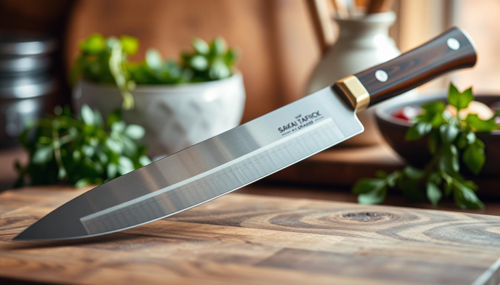 A beautifully crafted Sakai Takayuki Grand Chef knife is the focal point of this image, showcasing its stunning design and intricate details. The knife features a sleek, polished blade with a subtle curve, reflecting high-quality craftsmanship. The handle is made of rich, dark wood, expertly contoured for an ergonomic grip, complemented by a subtle brass bolster. In the foreground, the knife rests on a finely textured wooden cutting board, emphasizing its utilitarian elegance. The background includes soft, blurred kitchen elements like fresh herbs and polished utensils, creating a warm and inviting atmosphere. The scene is lit with soft, diffused natural light to enhance the knife's metallic sheen and highlight the wood's rich tones. The overall mood is one of culinary artistry and sophistication, perfect for aspiring chefs and cooking enthusiasts alike.