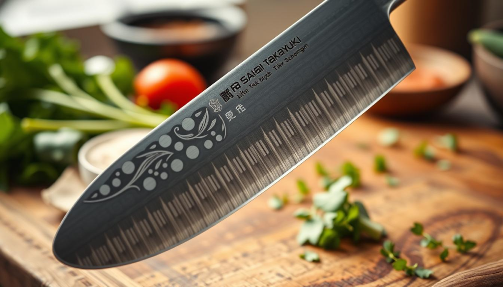 A beautifully crafted Sakai Takayuki knife blade displayed prominently in the foreground, showcasing its elegant design with meticulous details, such as the distinct curvature, polished steel finish, and intricate patterns on the blade surface. The middle ground features a rich wooden cutting board, enhancing the artisanal quality of the knife. In the background, softly blurred herbs and vegetables create a kitchen ambiance, suggesting the knife's culinary purpose. The lighting is warm and inviting, highlighting the reflective quality of the blade while casting gentle shadows to add depth. The composition should convey a sense of craftsmanship and tradition associated with Sakai Takayuki knives, evoking appreciation for their premium qualities.