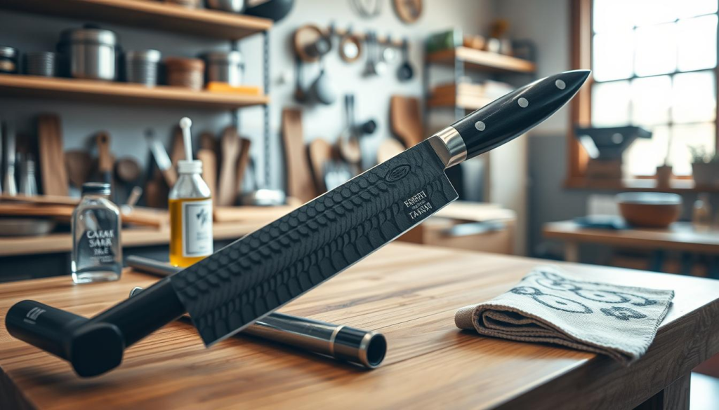 A beautifully crafted Sakai Takayuki knife featuring 33 layers of Damascus steel is displayed prominently in a well-lit workshop. The knife, with its distinctive wavy pattern on the blade, rests on a polished wooden workbench surrounded by essential care tools: a honing rod, a bottle of mineral oil, and a microfiber cloth. In the background, shelves filled with various kitchen implements and a soft-focus view of a window letting in natural light create an inviting atmosphere. The scene captures a sense of precision and craftsmanship, emphasizing the importance of care and maintenance for quality knives. Soft shadows and warm lighting enhance the texture of the blade and the wood, reflecting a calm and professional environment.