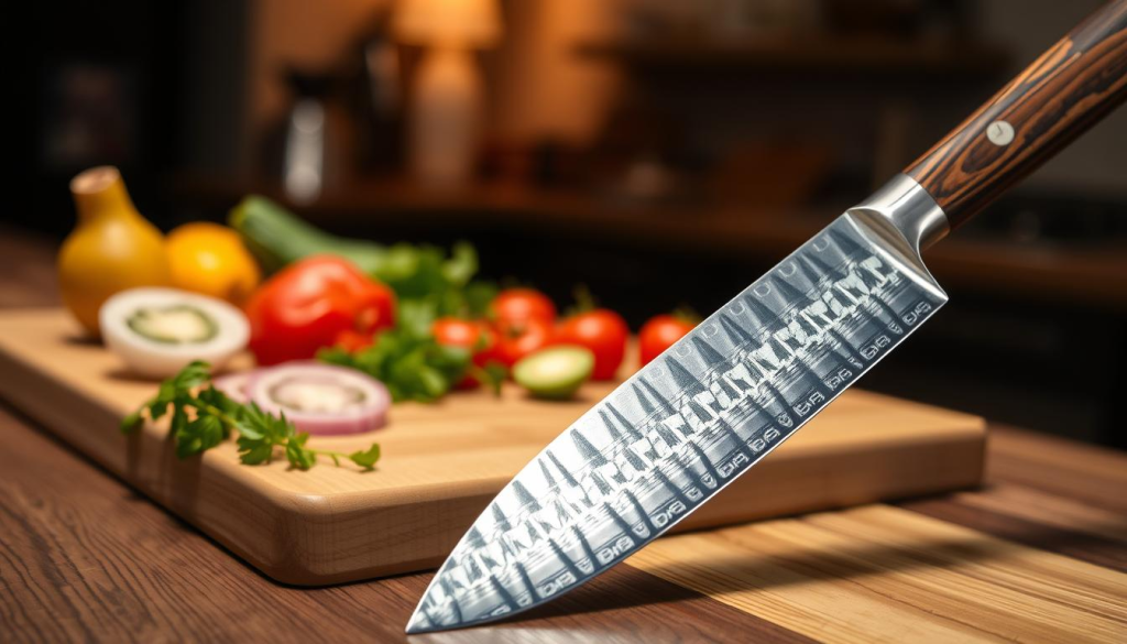 A beautifully crafted Sakai Takayuki knife, showcasing the precision of its blade design, occupies the foreground. The knife features a gleaming, slender steel blade with a distinctive pattern, reflecting light elegantly; the handle is made from rich, dark wood, intricately shaped for an ergonomic grip. In the middle ground, a smooth wooden cutting board is adorned with fresh ingredients like vegetables and herbs, emphasizing the knife's culinary purpose. The background includes a softly blurred kitchen setting with warm, ambient lighting, evoking a homely and sophisticated atmosphere. The angle captures the knife at a slight tilt to highlight its features, focusing on the craftsmanship and elegance of this premium Japanese blade, ideal for cooking enthusiasts who appreciate quality.