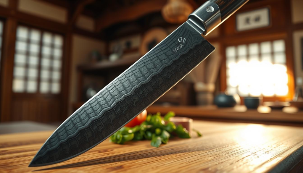 A beautifully crafted authentic Japanese Aoniko knife takes center stage, its elegant curved blade reflecting the light. The foreground showcases the intricate damascus pattern with glimmers of steel, highlighting the craftsmanship. Set against a softly blurred backdrop of a traditional Japanese wooden kitchen, warm natural light bathes the scene, creating a serene atmosphere. The knife rests on a polished wooden cutting board, with a hint of fresh vegetables nearby, emphasizing its culinary purpose. The shot is framed using a shallow depth of field, focusing on the blade while gently fading the background. This composition conveys the artistry and authenticity of Sakai Takayuki Aoniko knives, inviting the viewer to appreciate the fusion of tradition and quality craftsmanship.