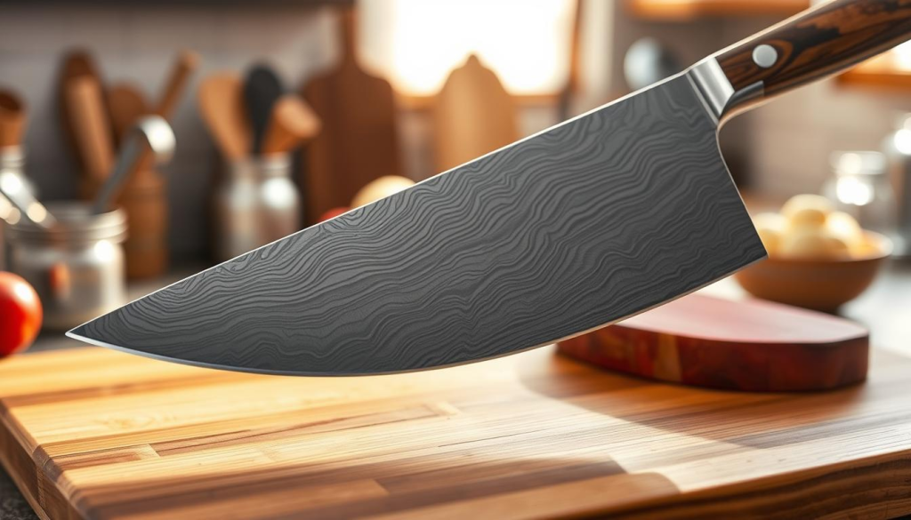 A beautifully crafted handcrafted Damascus steel chef's knife, showcasing its intricate 45-layer layered design with a rich, wavy pattern that glistens in the light. The knife should be positioned prominently in the foreground, with the blade angled slightly to reveal its polished edge and stunning craftsmanship. In the middle ground, a polished wooden cutting board serves as the base, highlighting the natural grain of the wood. The background features a softly blurred kitchen environment with subtle hints of culinary tools and ingredients, enhancing the kitchen atmosphere. Warm, natural lighting casts gentle reflections on the blade, creating a cozy and inviting mood, suitable for a culinary setting. The image should focus on the knife's detail, capturing its premium quality without any text or overlays.