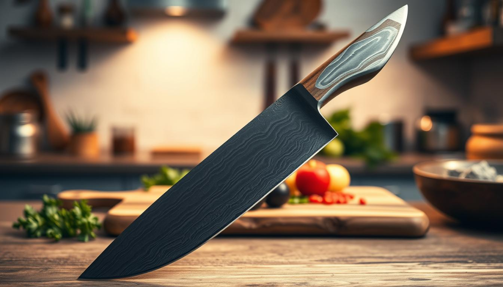 A beautifully crafted handmade Damascus knife with a striking 33-layer blade showcasing intricate patterns of steel. The knife is displayed prominently in the foreground, gleaming under soft, diffused lighting that highlights its unique, wavy texture and the contrasting hues of the metal. The handle, made from polished dark wood, features a sleek, ergonomic design, elegantly complementing the blade's artistry. In the middle ground, a wooden cutting board offers a rustic touch, with fresh herbs and ingredients subtly arranged to suggest culinary use. The background features a soft-focus kitchen setting, illuminated by warm, ambient light that creates a welcoming atmosphere. The overall mood conveys craftsmanship and precision, ideal for a professional chef's essentials.