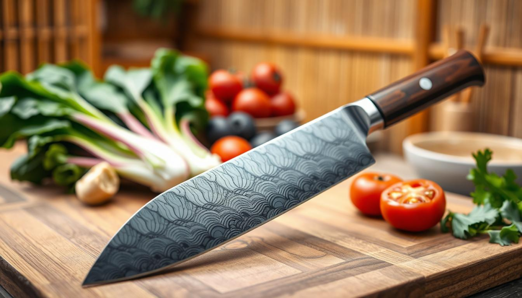 A beautifully crafted handmade Japanese chef knife, specifically the Sakai Takayuki 45-Layer Damascus Nakiri. The knife features a striking, wave-patterned blade created from 45 layers of high-carbon steel, showcasing the intricate damascus texture that glimmers under soft, natural lighting. In the foreground, the knife sits elegantly on a finely grained wooden cutting board, with a slight reflection highlighting its sharp edge. In the middle ground, a blurred array of fresh vegetables like vibrant green bok choy and ripe red tomatoes emphasize the knife's practical use. The background is softly out of focus, featuring a traditional Japanese kitchen setting with bamboo accents and warm wooden tones, creating a serene and professional atmosphere. The overall mood is one of craftsmanship and culinary artistry, inviting viewers to appreciate this unique kitchen tool.