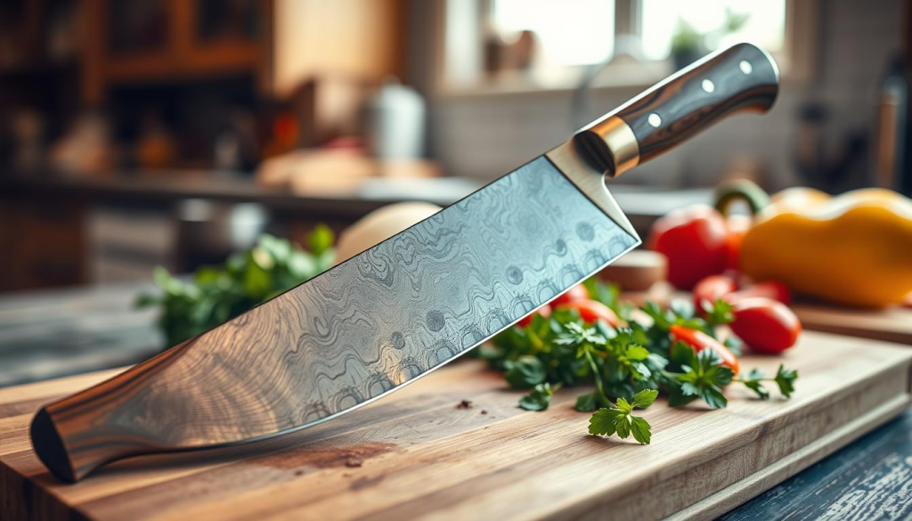 A beautifully crafted handmade kitchen knife featuring a Damascus steel blade with intricate patterns, reflecting light in subtle hues of silver and blue. The handle, made from polished walnut wood, showcases elegant curves and a comfortable grip, with a brass bolster adding a touch of sophistication. In the foreground, place the knife on a wooden chopping board, surrounded by fresh herbs and colorful vegetables to evoke the spirit of culinary art. The middle background gently blurs to reveal a cozy kitchen setting, with warm, ambient lighting filtering through a window, enhancing the inviting atmosphere. Capture this scene from a slightly elevated angle, focusing on the knife to highlight its craftsmanship and allure, evoking a sense of craftsmanship and appreciation by home cooks and chefs alike.