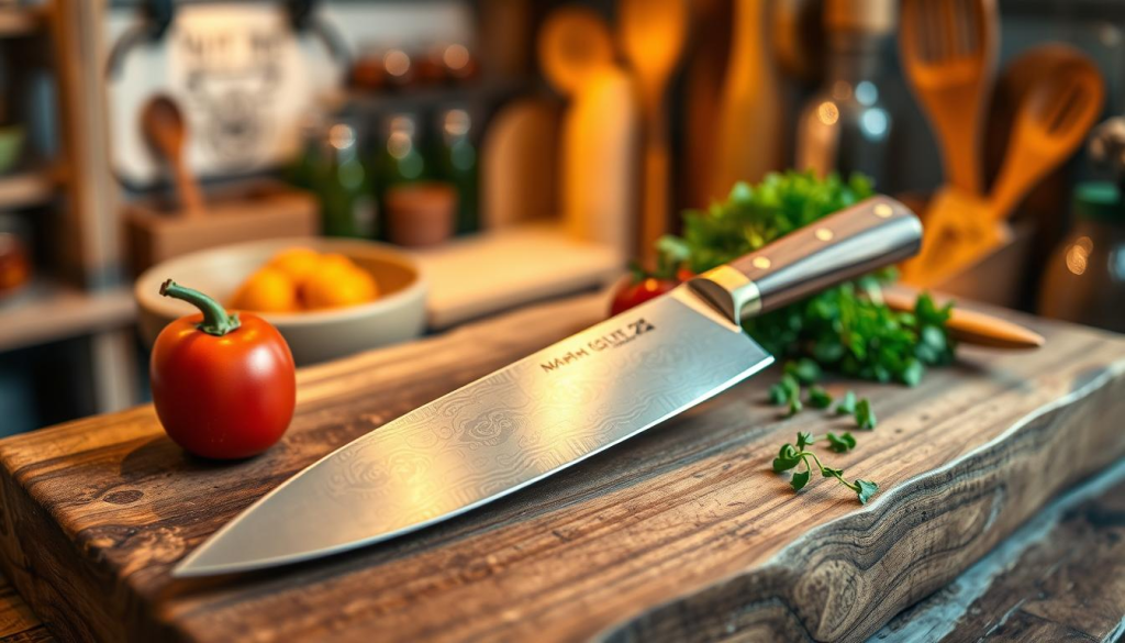 A beautifully crafted handmade kitchen knife lies on a rustic wooden cutting board, showcasing exquisite craftsmanship. The knife features a smooth, polished stainless steel blade with intricate damask patterns, glinting softly under warm ambient lighting. The handle is made of finely grained walnut, elegantly shaped for ergonomic grip, with subtle brass accents. Scattered around are fresh herbs and vibrant vegetables, hinting at its culinary purpose. The background is softly blurred, revealing a warm kitchen setting with shelves of neatly arranged spices and wooden utensils, creating a cozy atmosphere that celebrates artisanal craftsmanship. The image should have a shallow depth of field, with a gentle focus on the knife, evoking a sense of artistry and dedication in culinary tools.