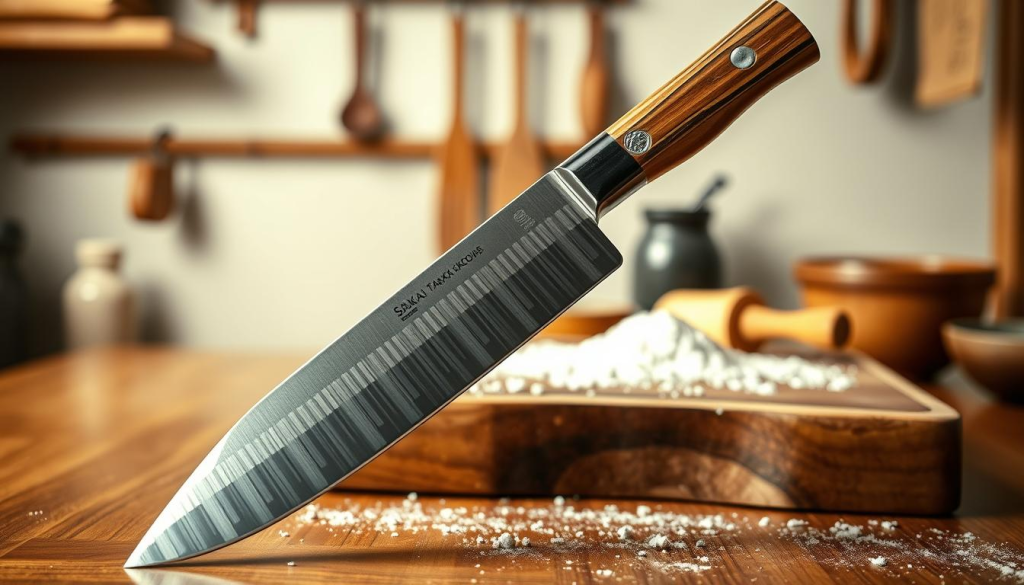 A beautifully crafted traditional Japanese knife displayed prominently in the foreground, showcasing its elegant curved blade and detailed handle, made from polished wood with intricate carvings. The knife should reflect the high-quality materials and craftsmanship typical of Sakai Takayuki knives. In the middle ground, include a wooden cutting board lightly dusted with flour, hinting at a culinary atmosphere. The background should feature a softly blurred traditional Japanese kitchen setting, with subtle elements like bamboo shelves and hanging utensils. Use warm, natural lighting to create an inviting and serene mood, highlighting the knife's shine and craftsmanship. The angle should emphasize the knife’s profile and showcase its unique design features, ensuring a clean and professional aesthetic. No text overlays or watermarks should be present.