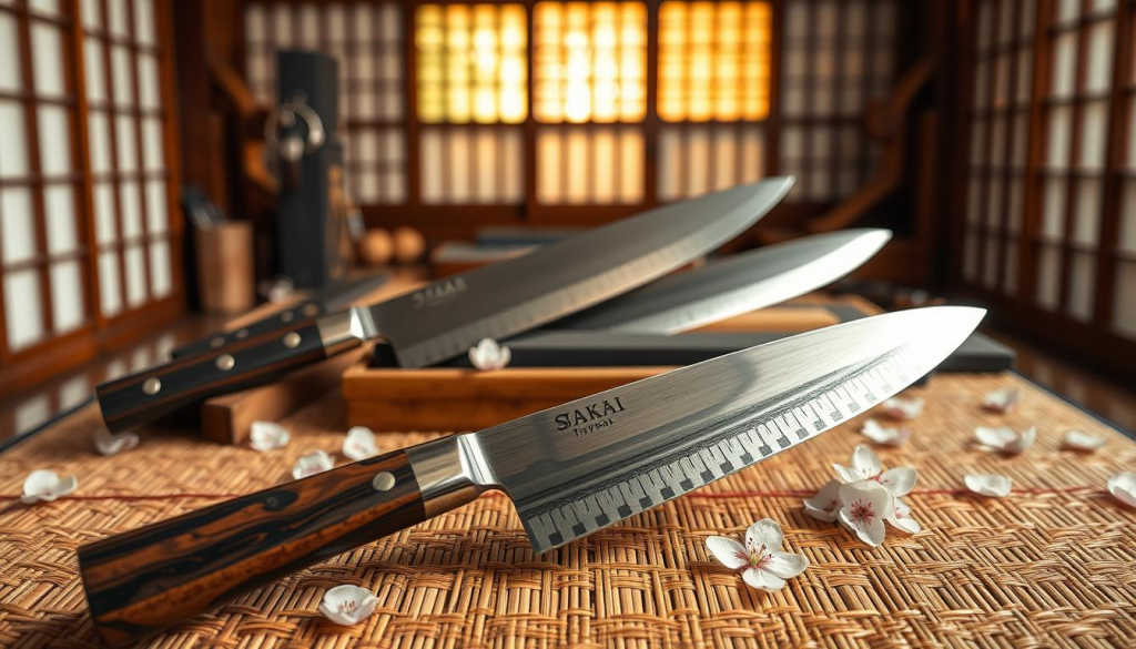 A breathtaking still life featuring traditional Japanese blades, showcasing a collection of exquisite Sakai Takayuki knives. In the foreground, focus on a finely crafted gyuto knife with a polished honed blade, its distinctive curvature and elegant handle made of rich, dark wood reflecting the craftsmanship. The middle layer includes additional knives and authentic Japanese whetstones artfully arranged on a woven bamboo mat, with delicate cherry blossom petals scattered around for a touch of elegance. In the background, a soft focus of a traditional Japanese wooden workspace with warm natural light filtering through shoji screens, creating a serene and harmonious atmosphere. The overall mood is one of reverence for craftsmanship and history, inviting viewers to appreciate the rich heritage of Japanese knife making.