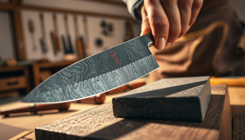 A close-up of a Sakai Takayuki knife being sharpened on a traditional whetstone. In the foreground, the beautifully crafted Damascus steel blade glistens under soft, warm lighting, revealing intricate patterns in the metal. The sharpening action is dynamic, capturing a hand wearing a modest leather apron, poised and focused, gently gliding the blade against the stone. The middle ground features a wooden workbench scattered with sharpening tools, emphasizing the craftsmanship. In the background, hints of a Japanese workshop with delicate wooden beams create an authentic atmosphere. The mood is serene and methodical, highlighting the art of knife maintenance, inviting viewers to appreciate the precision and artistry involved in caring for Sakai Takayuki knives.