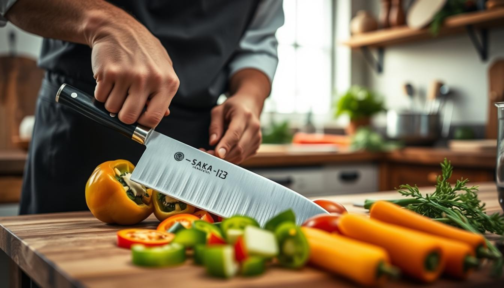 A close-up of a skilled home chef using a Sakai Takayuki 33 knife on a wooden cutting board, finely slicing fresh vegetables. The knife, known for its elegant design and sharp blade, gleams as it catches the soft light from a nearby window. The foreground showcases the vibrant colors of the ingredients - bright green bell peppers, red tomatoes, and yellow carrots - artfully arranged around the knife. In the middle, the chef's focused hands, dressed in a modest dark apron, demonstrate precision and confidence in their technique. The background features a cozy kitchen setting with a rustic wooden countertop and softly blurred shelves lined with cooking utensils, creating an inviting atmosphere of culinary artistry. The scene conveys a sense of passion for cooking and the joy of using high-quality tools.