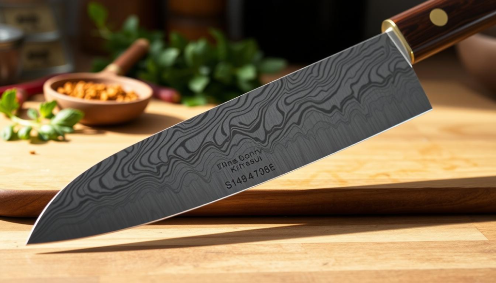 A close-up view of a beautifully crafted 45-layer Damascus Santoku knife resting on a polished wooden cutting board. The blade features intricate, wave-like patterns unique to Damascus steel, glimmering under soft, diffused natural light that enhances the texture and depth of the steel. The blade is slightly angled, showcasing its sharp edge and the fine craftsmanship at the bolster, which transitions seamlessly to the handle. The handle, made of dark, rich wood, contrasts elegantly with the steel, adorned with subtle brass accents. The background consists of a blurred kitchen setting with herbs and spices, implying culinary use, creating a warm and inviting atmosphere that highlights the knife's premium features.
