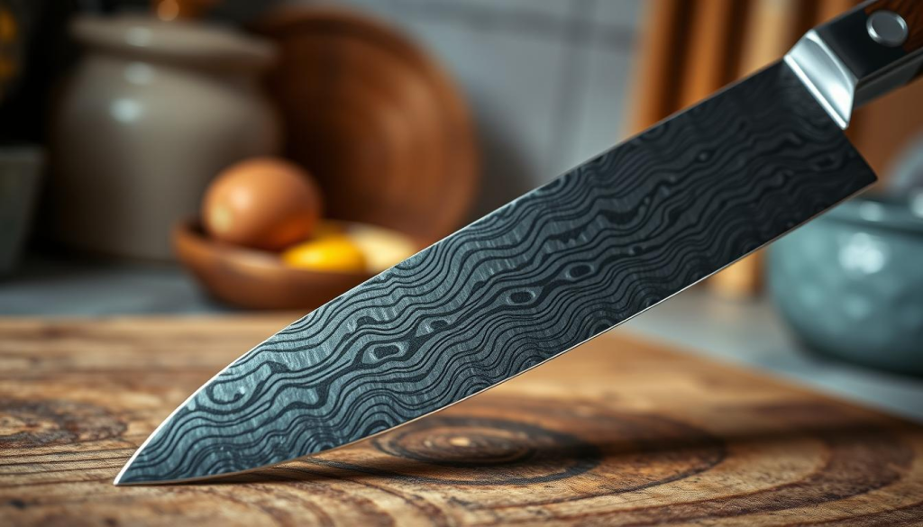 A close-up view of a premium Sakai Takayuki 45-layer Damascus steel blade, showcasing its intricate, wavy pattern and shimmering surface. The blade is placed on a rustic wooden cutting board, with subtle reflections of ambient light enhancing the edges. Soft, natural lighting illuminates the blade from the left, creating a gentle glow on its polished surface. In the background, a soft-focus kitchen environment with muted colors complements the blade’s artistry, hinting at culinary tools and fresh ingredients. The mood evokes a sense of craftsmanship and tradition, highlighting the beauty and durability of Damascus steel. Capture the blade at a slight angle to emphasize its sharpness and layered texture, without any text or branding in the image.