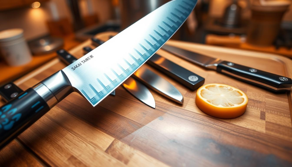 A collection of Sakai Takayuki Blue Steel knives expertly arranged on a polished wooden cutting board. In the foreground, a chef’s knife gleams, highlighting its striking blue-steel finish and intricate blade patterns, reflecting craftsmanship and precision. In the middle, a variety of other knives, including a petty knife and a slicer, showcase their unique shapes and sharp edges. The background features a softly blurred kitchen setting with warm, ambient lighting that emphasizes the beauty of the knives. The scene conveys a sense of harmony and professionalism, ideal for culinary enthusiasts. The perspective is slightly overhead, capturing all the knives in detail while the light casts subtle shadows, enhancing the textures and colors of the steel.