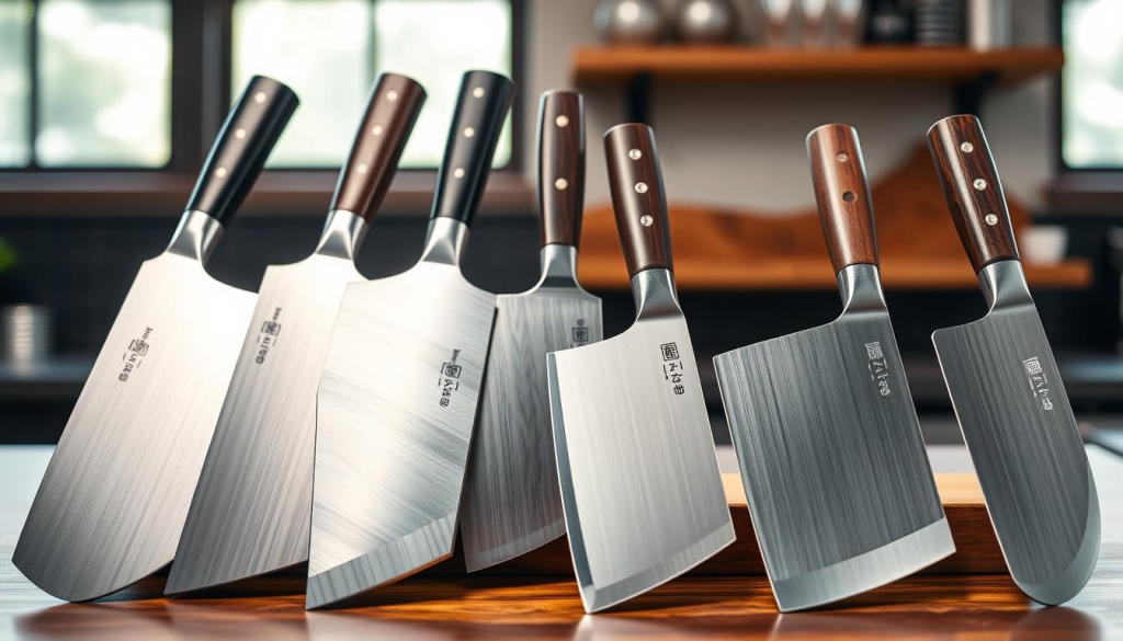A detailed arrangement of Sakai Takayuki cleavers displayed prominently in the foreground, showcasing their sleek, polished blades and distinctive craftsmanship. In the middle layer, include other high-end cleaver brands for comparison, highlighting differences in blade shapes, handle designs, and materials. The background should feature a well-lit, modern kitchen setting with soft natural light filtering through a window, enhancing the cleavers' shine. The image should capture the essence of precision and quality, with a focus on the details of each knife's edge and grip. Use a shallow depth of field to create a soft blur behind the knives, emphasizing their importance. The mood should be professional and inviting, conveying a sense of culinary excellence and craftsmanship.