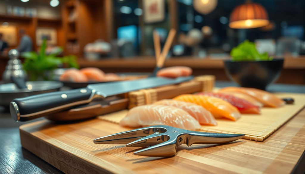 A detailed arrangement of professional sushi chef tools, including Sakai Takayuki fish bone pliers prominently displayed in the foreground, gleaming under soft, warm lighting. The tools, made of high-quality stainless steel, should be showcased against a sleek wooden cutting board, highlighting their craftsmanship. In the middle layer, include additional sushi preparation items like a sharp knife, bamboo mat, and fresh fish fillets, creating a sense of an organized workspace. The background features a blurred sushi restaurant environment, with subtle hints of traditional Japanese decor that evoke a sense of authenticity. Capture the mood of professionalism and expertise in sushi preparation, emphasizing the precision and care involved in the craft. Use a shallow depth of field to draw focus on the tools.