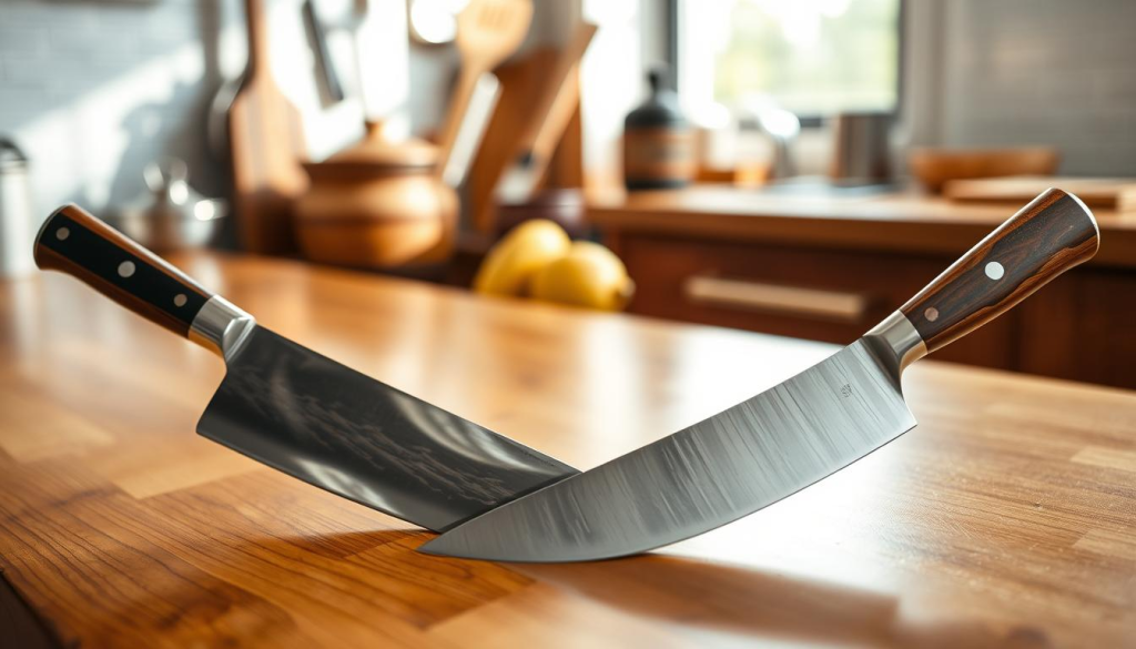 A detailed comparison of three Sakai Takayuki knives displayed on a polished wooden countertop. In the foreground, feature a gyuto knife with a beautifully crafted handle and a mirror-finish blade on the left, a santoku knife with a slightly curved blade and a pakka wood handle in the center, and a petty knife showcasing its slender design and elegant profile on the right. In the middle ground, include subtle reflections of the knives to highlight their premium quality. The background should be softly blurred, incorporating kitchen utensils and a hint of natural light streaming in through a window for a warm ambiance. Aim for a balanced composition that conveys a sense of craftsmanship and precision, evoking a mood of culinary artistry. Use a shallow depth of field to emphasize the knives.