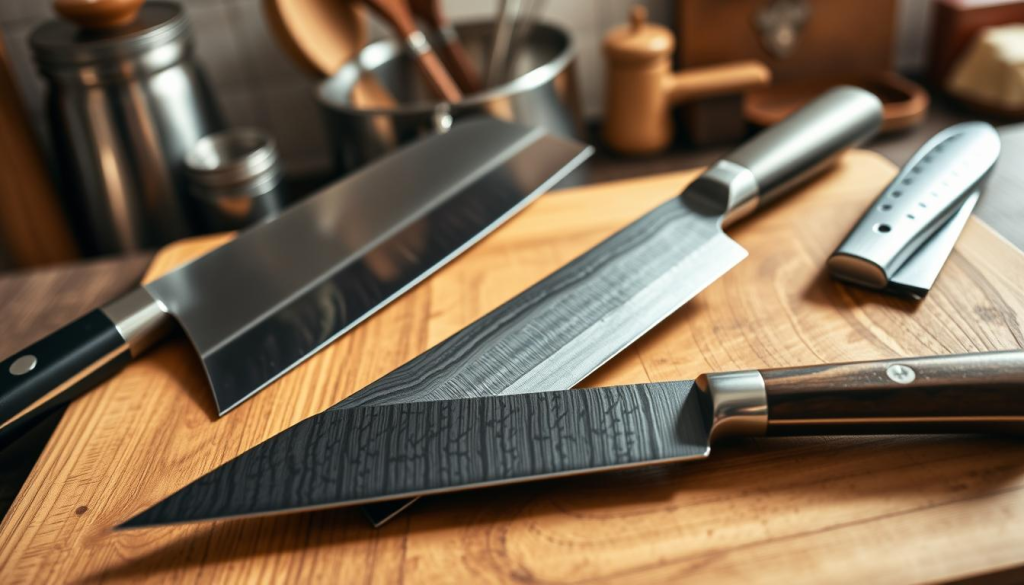 A detailed comparison of three distinct kitchen knives arranged on a wooden cutting board in the foreground. A sleek Sakai Takayuki Bunka knife with a sharp, curved blade, showcasing its beautiful damascus pattern, sits prominently in the center. Flanking it, include a traditional western chef's knife with a straight edge on the left, and a santoku knife with a slightly rounded blade on the right, both reflecting their unique designs and textures. Soft, natural lighting highlights the polished surfaces, casting gentle shadows. In the background, blurred kitchen utensils and a rustic kitchen setting create an inviting atmosphere. The image should evoke a sense of craftsmanship and culinary skill, perfect for illustrating a high-quality knife comparison.