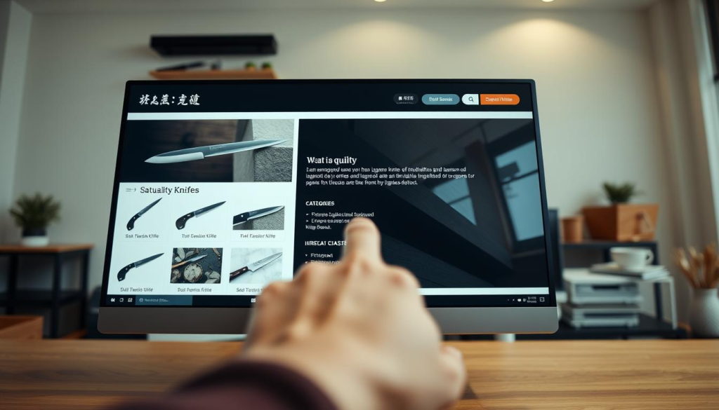 A detailed, elegant overview of a digital interface for the Sakai Takayuki official website, showcasing a clean and user-friendly navigation layout. The foreground features a sleek, modern computer monitor displaying beautifully arranged categories of high-quality Japanese knives, with crisp images and intuitive navigation buttons. In the middle, there's a soft, blurred hand navigating the site with a cursor, emphasizing user engagement. The background reveals a subtle workspace environment with soft, ambient lighting, enhancing the professional atmosphere. The scene conveys a sense of exploration and sophistication, inviting viewers to discover exceptional craftsmanship. The angle captures a slightly elevated perspective, creating depth and focus on the screen while maintaining warmth and approachability in the overall setting.
