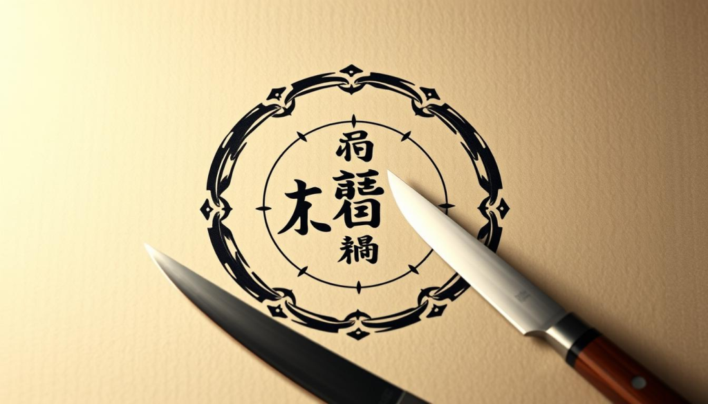 A detailed illustration of elements from the Sakai Takayuki logo design, featuring elegant curves and traditional Japanese motifs. In the foreground, intricately designed knife blades are arranged in a circular composition, showcasing their sharpness and craftsmanship. The middle ground includes stylized kanji characters, elegantly integrated into the logo, reflecting authenticity and heritage. The background should have a subtle texture resembling traditional Japanese paper, providing depth without distraction. Soft, diffused lighting casts gentle shadows, creating a sophisticated and serene atmosphere, reminiscent of a high-end Japanese knife shop. The overall mood is one of elegance and craftsmanship, embodying the spirit of the Sakai Takayuki brand. Capture this scene with a slightly angled perspective, simulating a visual embrace of the logo elements.