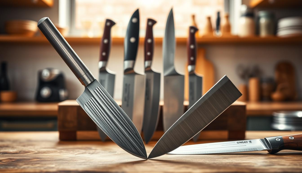 A detailed image depicting a side-by-side comparison of Ginsan steel knives against other high-quality knife materials. In the foreground, showcase elegant Ginsan steel knives, highlighting their polished blades and distinctive grain patterns. In the middle ground, include knives made from other materials like VG-10 and SG2, arranged aesthetically for contrast. The background should be a softly blurred kitchen setting, illuminated by warm, natural light, enhancing the focus on the knives. Use a shallow depth of field to make the knives stand out sharply, capturing their unique qualities. The atmosphere should convey a sense of craftsmanship and precision, inviting viewers to appreciate the differences in knife materials.