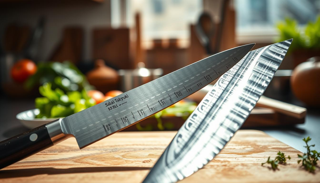 A dynamic comparison of the Sakai Takayuki 45 Layer Knife, prominently featured in the foreground, showcasing its elegant, intricately layered steel blade glistening under bright, natural light, emphasizing the sharp edge and craftsmanship. Include two knives side by side: one with a polished finish and another with a rustic look, both resting on a textured wooden cutting board. In the middle ground, a blurred kitchen setting with soft bokeh highlights, featuring fresh ingredients like vegetables and herbs to evoke a culinary atmosphere. The background should have warm, inviting tones with a subtle focus on kitchen tools and utensils arranged neatly. The overall mood conveys sophistication and the joy of cooking, emphasizing unparalleled cutting power and user satisfaction.