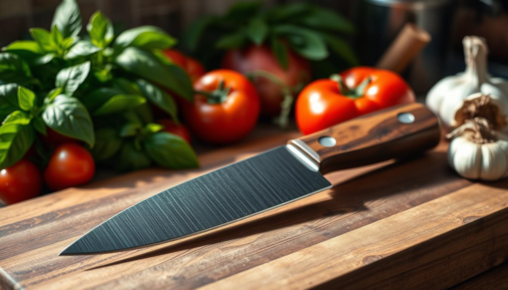 A high-carbon steel knife with a finely honed blade, showcasing a beautiful gradient from dark, matte steel to polished edge, rests elegantly on a rustic wooden cutting board. The knife's handle is crafted from rich, dark walnut, emphasizing its ergonomic design. In the background, a vibrant array of fresh vegetables and herbs — bright green basil, deep red tomatoes, and golden garlic — hint at its versatility in the kitchen. Soft, warm lighting creates a cozy atmosphere, casting gentle shadows that enhance the knife's intricate details. The shot is taken from a low angle, focusing on the knife's blade glinting in the light, while the kitchen ambiance evokes a sense of culinary artistry and passion for cooking.