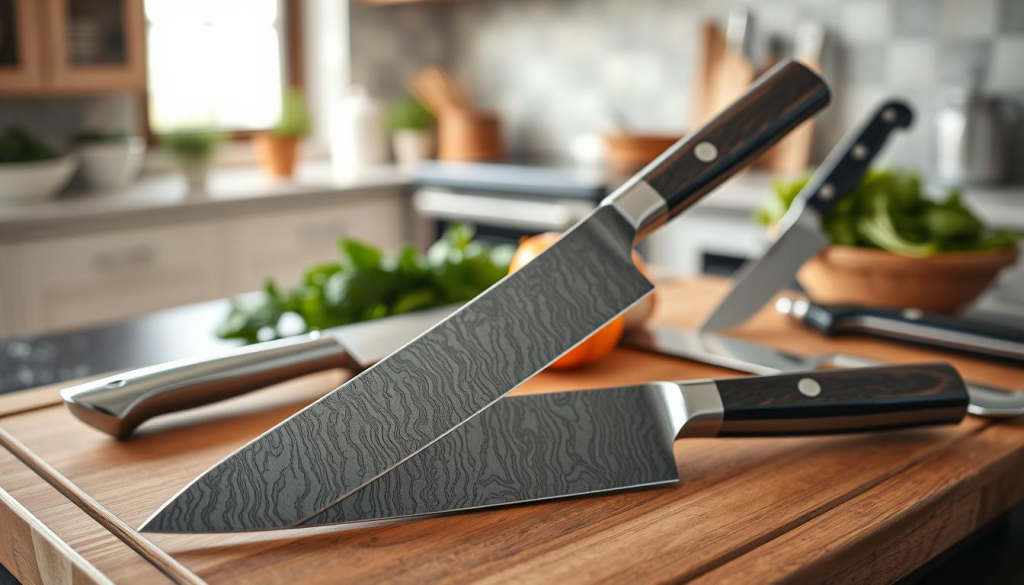 A high-quality comparison of a premium Sakai Takayuki 45-Layer Damascus Santoku knife against other knife types. In the foreground, place the Santoku knife prominently, showcasing its intricate Damascus pattern and sharp blade edge, glimmering under soft, natural light. Surround the Santoku with a selection of other knife types, like a chef's knife and a paring knife, all displayed on a polished wooden cutting board. In the middle ground, include subtle kitchen elements like fresh herbs and vegetables for a culinary context, while an elegant kitchen setting provides a warm background ambiance. Use a shallow depth of field to keep attention on the knives, ensuring a tranquil, sophisticated atmosphere that conveys the art of culinary craftsmanship.