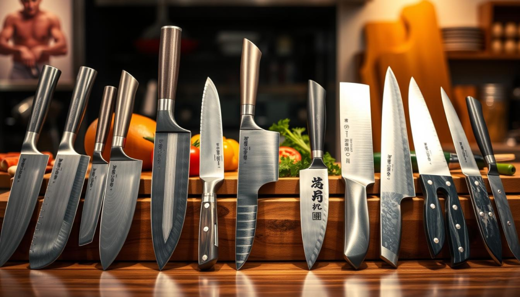 A meticulously arranged display featuring a variety of Sakai Takayuki Grand Chef knives alongside comparable high-end chef knives from other prestigious brands. In the foreground, focus on the gleaming blades, showcasing their intricate Japanese craftsmanship and distinctive designs. In the middle, include wooden cutting boards with fresh ingredients like vegetables and herbs, emphasizing culinary use. The background should be softly blurred, highlighting a dimly lit kitchen setting to create an intimate, professional atmosphere. Use warm, diffused lighting to accentuate the reflective surfaces of the knives and evoke a sense of quality and artistry. Capture the scene from a slightly elevated angle, giving a comprehensive view while maintaining a clean composition without any text or distractions.