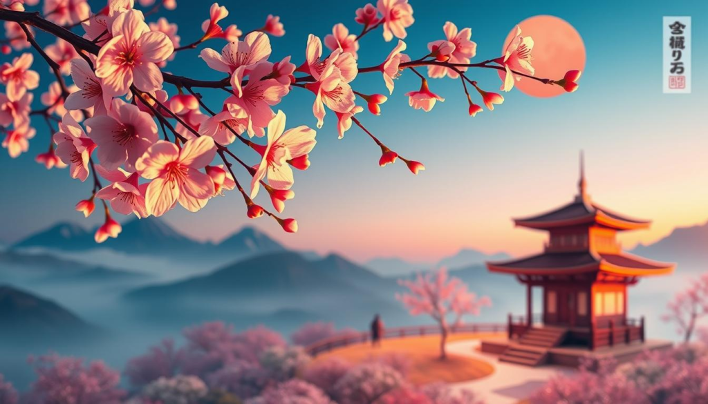A modern reinterpretation of Sakai Takahiro’s artwork featuring vibrant colors and intricate patterns, capturing the essence of Japanese art. In the foreground, a delicate cherry blossom branch with soft pink flowers interacts with traditional Japanese motifs, symbolizing beauty and transience. The middle ground showcases a landscape with serene mountains and a traditional teahouse, its wooden structure reflecting harmony with nature. The background is a soft, misty blue sky transitioning to twilight, creating an ethereal atmosphere. Utilize warm, diffused lighting to evoke a sense of tranquility and contemplation. Aim for a slightly elevated angle to give depth to the composition, allowing viewers to appreciate the blend of nature and artistry, while maintaining a sophisticated and culturally rich ambiance.