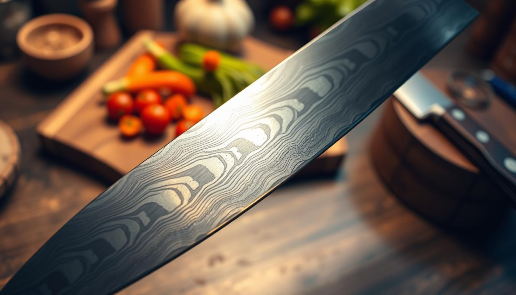 A premium Damascus steel Nakiri knife, featuring a stunning 45-layer pattern that showcases intricate swirls and contrasts of rich metallic hues. In the foreground, the blade gleams under soft, warm lighting, highlighting its sharp edge and meticulous craftsmanship. The knife's handle is made of polished wood with a traditional design, providing a comfortable grip. In the middle ground, a wooden cutting board is slightly visible, adorned with vibrant, fresh vegetables, emphasizing the knife's purpose. The background consists of a blurred kitchen setting with hints of sharpened knives and culinary tools, creating an inviting atmosphere. The image should convey a sense of elegance and functionality, with focus on the artistry of the steel and the knife's practical use in culinary creation. The angle should be slightly above eye level, showcasing the knife and its details attractively.