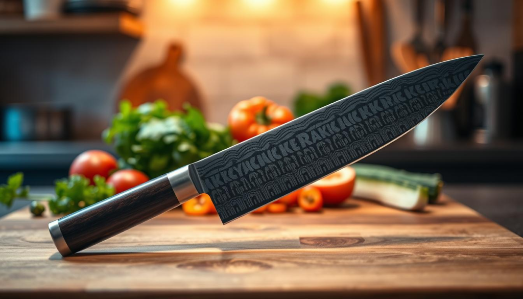 A premium Sakai Takayuki chef blade prominently displayed on a sleek wooden cutting board in the foreground. The blade gleams with a polished finish, showcasing intricate damascus patterns along the blade's edge. In the middle ground, a backdrop of fresh ingredients—vibrant vegetables and herbs—adds a splash of color and context, highlighting the knife's culinary purpose. The background features a softly blurred kitchen setting, with warm, ambient lighting illuminating the scene to create a cozy, inviting atmosphere. Shot from a slightly elevated angle to accentuate the blade's sharpness and elegance, the mood conveys professionalism and the art of high-quality cooking. The image should evoke a sense of craftsmanship and the benefits of using fine Japanese knives without any text or distractions.
