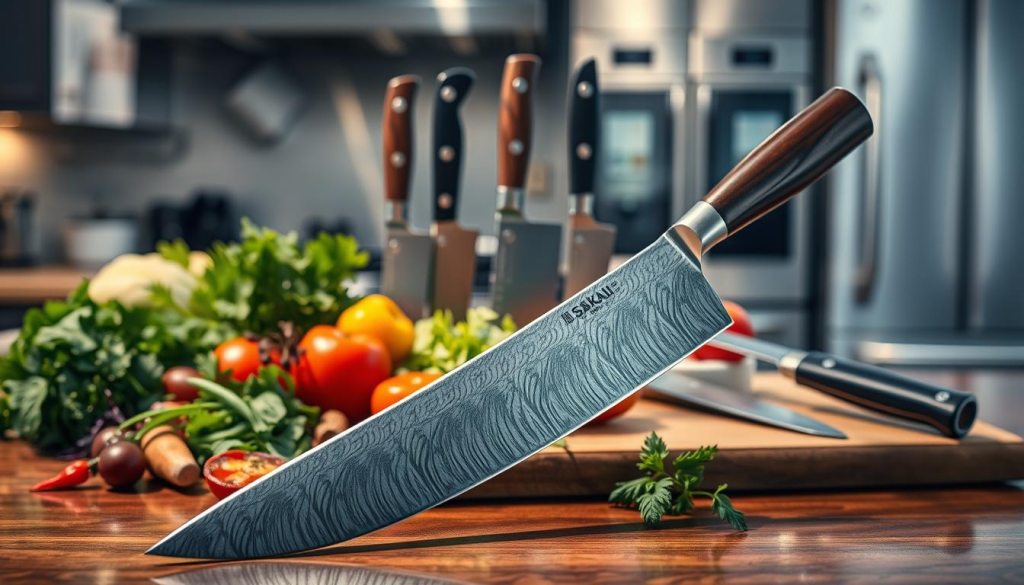 A professional chef's cutlery set displayed prominently on a polished wooden countertop. In the foreground, a stunning Sakai Takayuki 45 Layer Damascus Gyuto knife gleams under warm overhead lighting, showcasing its exquisite pattern and sharp edge, surrounded by a variety of fresh, colorful ingredients like herbs, vegetables, and spices. In the middle ground, other high-quality knives, such as a paring knife and a serrated knife, are neatly arranged, emphasizing versatility and performance. The background features a blurred modern kitchen setting with stainless steel appliances, conveying a professional culinary atmosphere. Soft shadows enhance the image's depth, while the overall mood is focused, inspiring creativity and expertise in the kitchen.