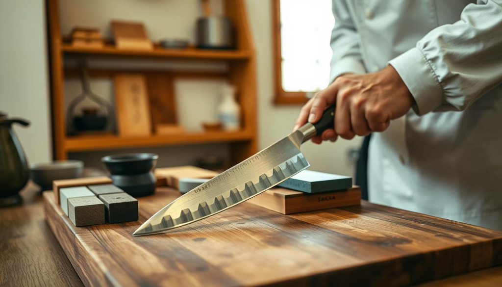 A serene Japanese kitchen scene focused on the meticulous maintenance of a Sakai Takayuki 45 Layer Damascus Gyuto knife. In the foreground, a well-worn wooden cutting board holds the knife, gleaming and sharp, surrounded by a selection of sharpening stones and oil. A pair of steady hands, clothed in a light, professional apron, are skillfully honing the blade with a whetstone, showcasing the art of knife care. In the middle ground, a soft natural light filters through a nearby window, illuminating a simple wooden shelf lined with traditional Japanese cooking tools. The background features subtle elements of a clean, organized kitchen, evoking a calm and respectful atmosphere towards culinary craftsmanship. The focus is sharp on the knife and hands while maintaining a warm, inviting glow throughout the scene.
