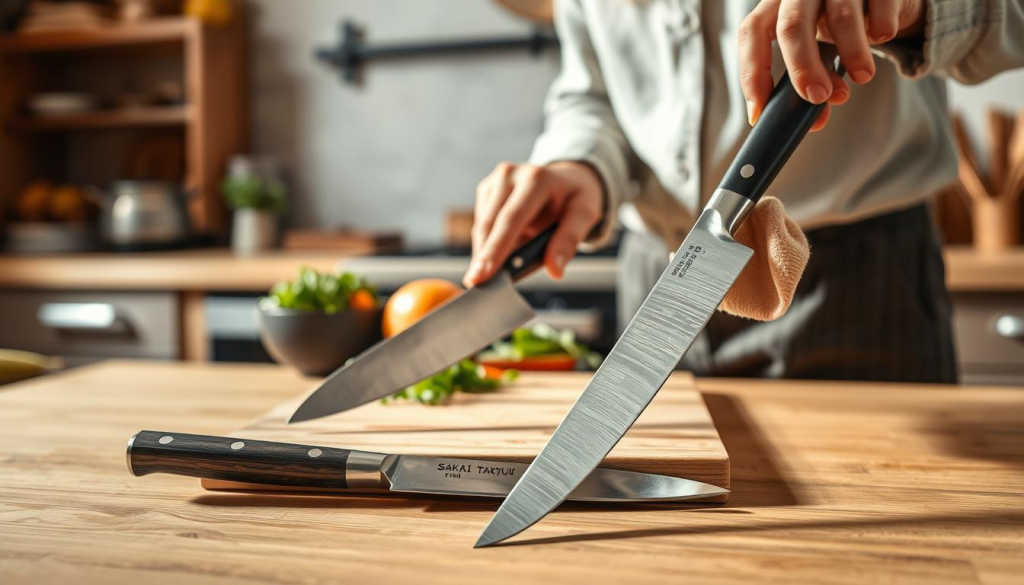 A serene kitchen setting showcasing the meticulous care of Sakai Takayuki knives. In the foreground, a pair of beautifully crafted Japanese knives, their polished blades reflecting natural light, are being gently cleaned with a soft cloth by a person dressed in modest casual clothing. In the middle ground, a wooden cutting board with fresh vegetables and herbs adds a touch of color and life. The background features a softly lit kitchen with warm wood tones and subtle hints of traditional Japanese decor, creating an inviting atmosphere. The lighting is warm and natural, emphasizing the care and precision involved in maintaining these premium blades. The composition highlights the importance of knife care in a calm and professional manner.