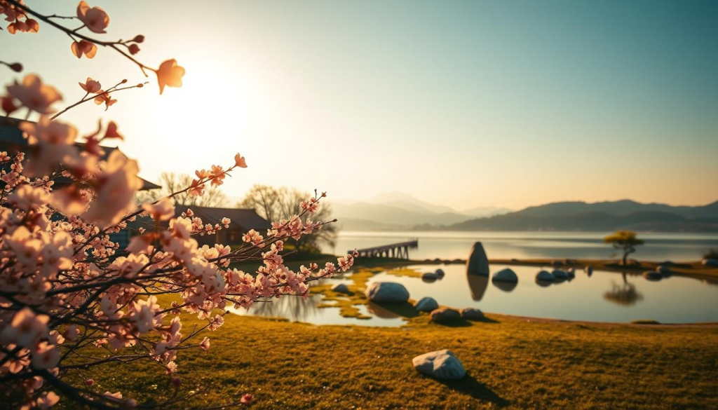 A serene landscape embodying the essence of Sakai symbolism, featuring a traditional Japanese garden in the foreground. Delicate cherry blossoms gently scatter in the breeze, signifying renewal and beauty. In the middle ground, a tranquil pond reflects the vibrant colors of the garden, surrounded by meticulously arranged stones representing harmony and balance. The background features distant mountains under a soft golden sunset, casting warm light that enhances the peaceful atmosphere. The scene is captured from a low angle, creating depth and emphasizing the beauty of nature in tranquil surroundings. The mood is reflective and harmonious, inviting contemplation and connection to Japanese culture. Aim for a painterly style with soft focus, rich colors, and gentle lighting to evoke a sense of calm and introspection.