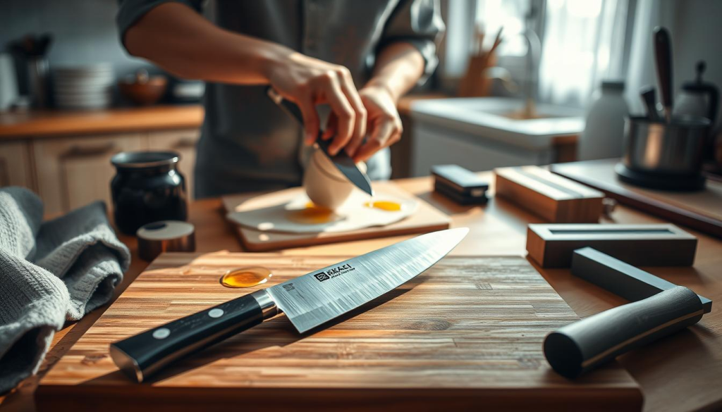 A serene workspace dedicated to knife care features a beautiful Sakai Takayuki knife prominently displayed in the foreground, resting on a bamboo cutting board. In the middle ground, a pair of hands, clad in modest casual clothing, gently applies mineral oil to the blade, showcasing the rich craftsmanship. Surrounding the scene, tools for maintenance—flannel cloth, sharpening stones, and a honing rod—are artfully arranged, adding to the atmosphere of care and precision. Soft, diffused natural light streams through a nearby window, casting gentle shadows that enhance the warm wood tones of the table and tools. The background reveals a tranquil, organized kitchen, conveying a sense of purpose and dedication to preserving the beauty and function of Japanese knives. The mood is calm and focused, encouraging appreciation for the artistry of hand care.