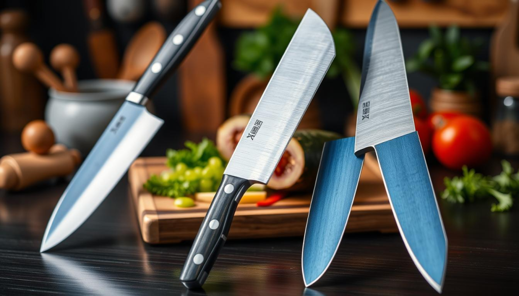 A set of exquisite Sakai Takayuki Blue Steel Knives displayed prominently on a dark wooden countertop. The foreground features a close-up of the knives, showcasing their beautifully crafted blue steel blades with a polished finish and traditional Japanese handle designs. A subtle sheen on the blades reflects soft, ambient lighting, highlighting the exceptional craftsmanship. In the middle, a wooden cutting board displays fresh vegetables, further enhancing the culinary theme. The background features blurred kitchen tools and herbs, creating a warm, inviting atmosphere. The scene is lit with soft, natural light to evoke a sense of elegance and precision, emphasizing the unparalleled quality and performance of the Sakai Takayuki knives.