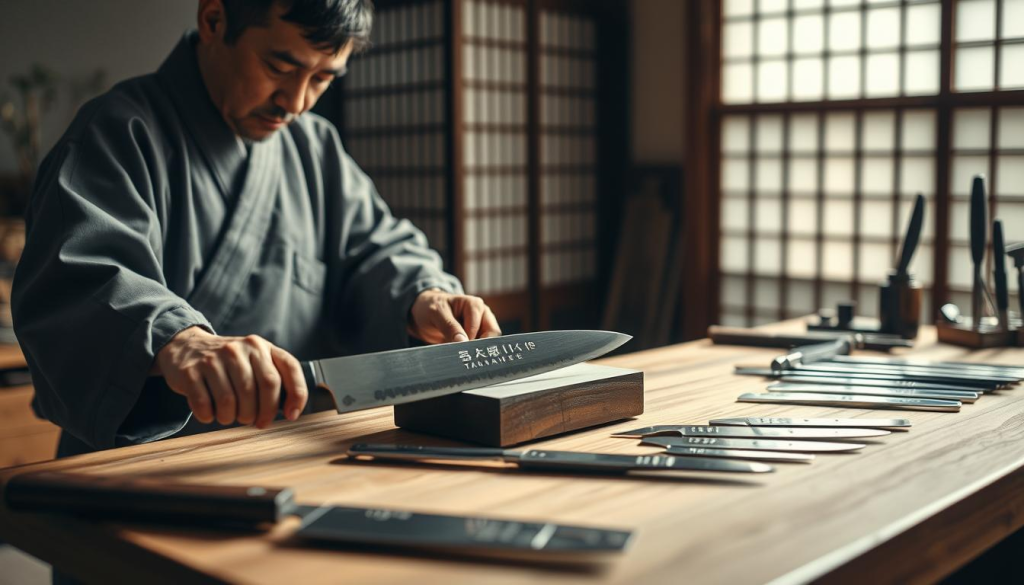 A skilled Japanese artisan meticulously crafting a Sakai Takayuki Honyaki knife, showcasing exceptional craftsmanship. In the foreground, the artisan, dressed in traditional Japanese clothing, is focused on sharpening the blade with a whetstone, displaying their expertise and dedication. The middle ground features a pristine wooden workbench adorned with tools and various knife blades, emphasizing the intricate details of the knife's design. In the background, soft natural light filters through a shoji screen, casting gentle shadows that create a serene atmosphere. The image captures the essence of traditional Japanese craftsmanship, reflecting a mood of patience and reverence for the art of knife-making. The scene is rich in texture and detail, illustrating the beauty and history behind Sakai Takayuki knives without any textual elements.