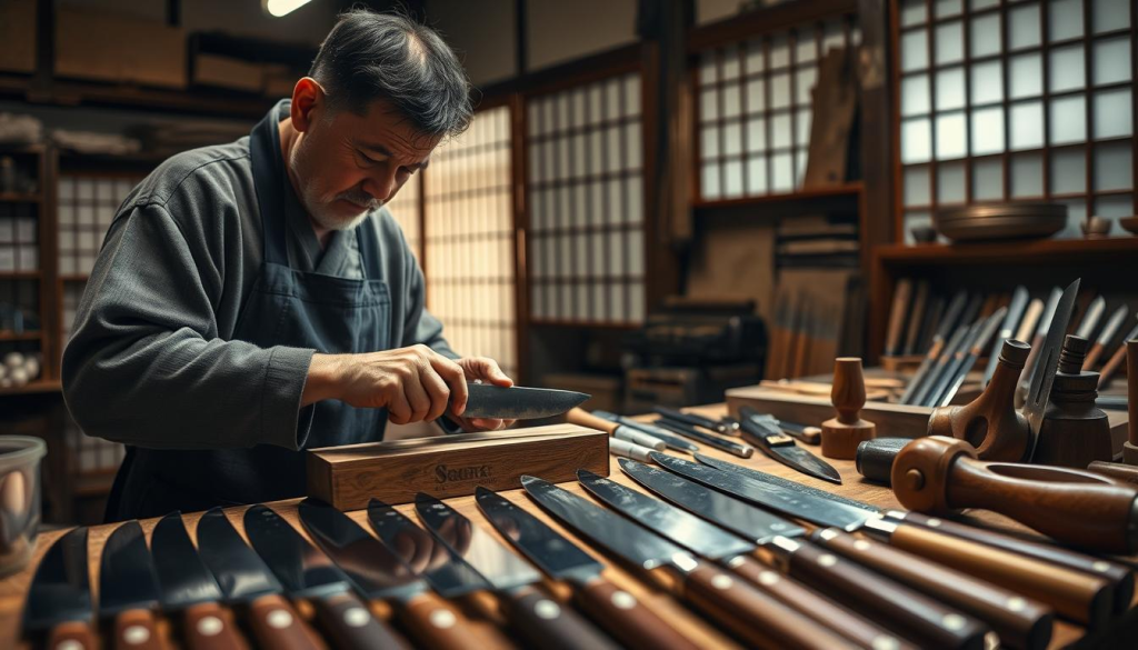 A skilled Japanese craftsman meticulously shaping a traditional Sakai Takayuki knife in a serene workshop. In the foreground, the craftsman is focused on fine-tuning the blade's edge with a whetstone, his hands showcasing expert precision. The middle ground features an array of handcrafted knives, reflecting varied styles and gleaming metal surfaces, highlighting the artistry involved. Tools like hammers and chisels are intricately arranged nearby, emphasizing the craftsmanship's complexity. The background reveals a warm, inviting atmosphere with wooden shelves filled with authentic materials, dimly lit by natural light streaming through a shoji screen, creating soft shadows. The overall mood embodies dedication and mastery, celebrating the timeless tradition of Japanese knife making.