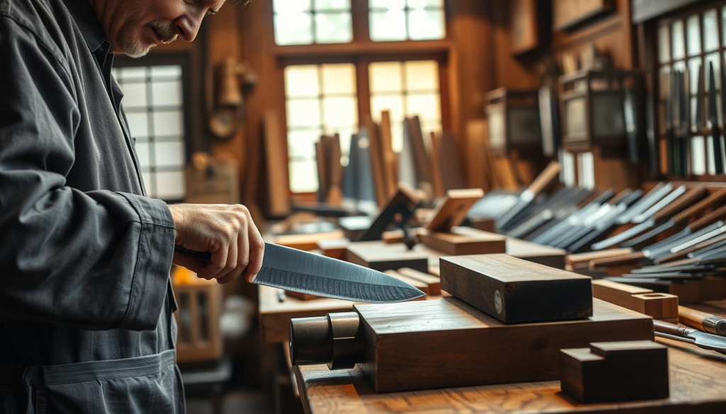 A skilled artisan carefully shaping a handmade Sakai Takayuki knife, focused on the intricate craftsmanship at a wooden workstation. In the foreground, the artisan is wearing modest clothing, hands expertly working a piece of high-quality steel with a hammer and anvil. The middle ground features various tools of the trade: chisels, sharpening stones, and an array of finished knives, showcasing the artistry of knife-making. In the background, warm, diffused lighting filters through traditional workshop windows, illuminating the rich textures of wood and metal. The atmosphere is one of dedication and tradition, evoking the quiet intensity of time-honored craftsmanship that defines Sakai Takayuki knives.