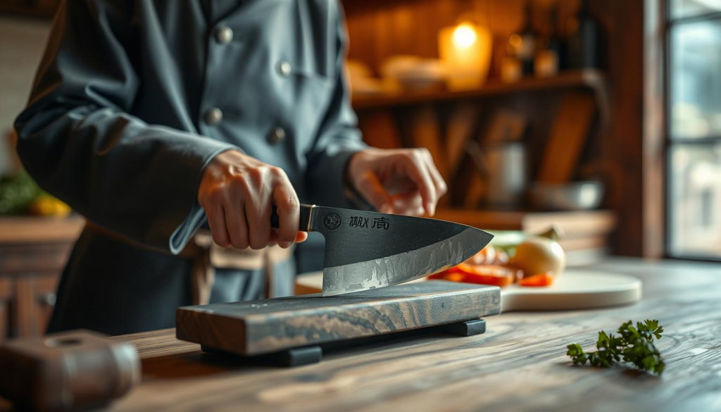 A skilled artisan carefully sharpening a Sakai Takayuki knife on a traditional whetstone, set in a well-lit kitchen environment. In the foreground, the artisan, dressed in a simple yet professional outfit, focuses intently on the blade's edge, showcasing the intricate details of the knife’s design. In the middle ground, a wooden cutting board holds fresh vegetables, hinting at their purpose for the knife. The background features a softly blurred kitchen with warm ambient light, creating a cozy atmosphere. Use a shallow depth of field to emphasize the knife and sharpening process while softly blurring the surrounding elements. The overall mood is dedicated and serene, reflecting the care taken in maintaining the quality of the knife.